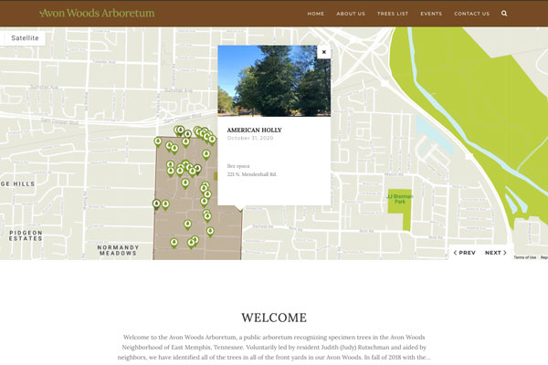 An interactive map is the centerpiece of the arboretum website, making it easy for neighbors to locate and identify the Arboretum's 40+ specimen trees.