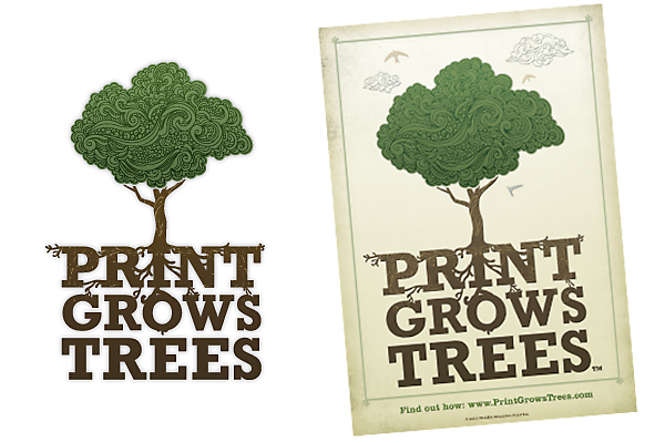 Targeting young influencers, particularly those with an interest in environmental issues, the "Print Grows Trees" logo was designed to seduce viewers even before they absorb its perhaps counterintuitive message.