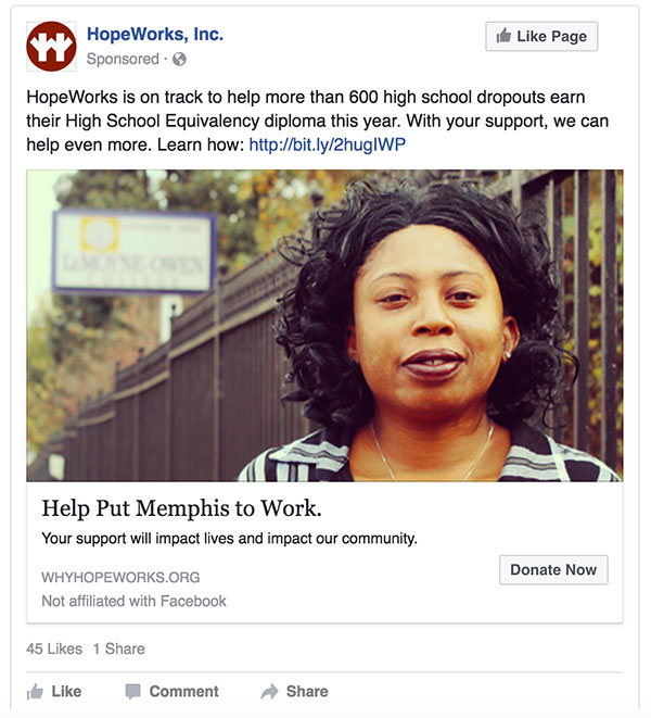 Paid social media posts featured HopeWorks clients whose lives have been changed by their mission. Shalanda, featured here, earned her diploma through HopeWorks' High School Equivalency Test (HiSET) program.