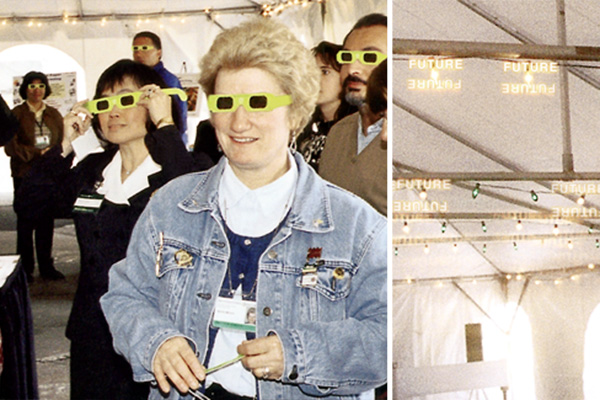 Paper holospex eyeglasses allowed wearers to literally see the future as the word “future” became visible when gazing at white holiday lights strung overhead during the grand opening event.