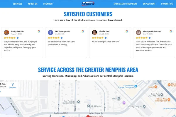 A live feed of Google customer reviews and embedded location map help reassure prospective customers and reinforce their decision to contact Mace's for their towing needs.