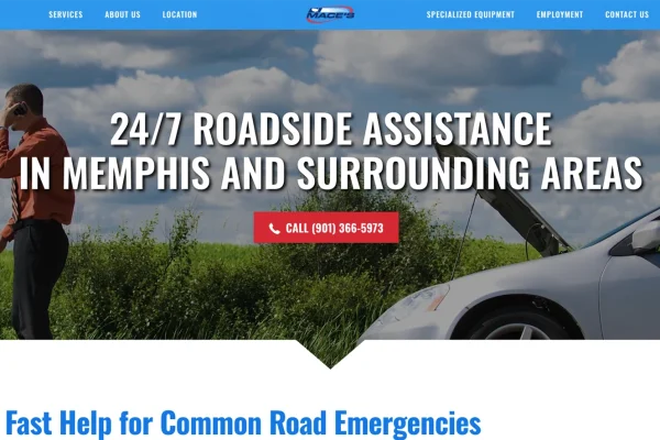 As with all the services pages, Mace's Roadside Assistance page features strong calls-to-action clickable on mobile for immediate dialing for Mace's help.