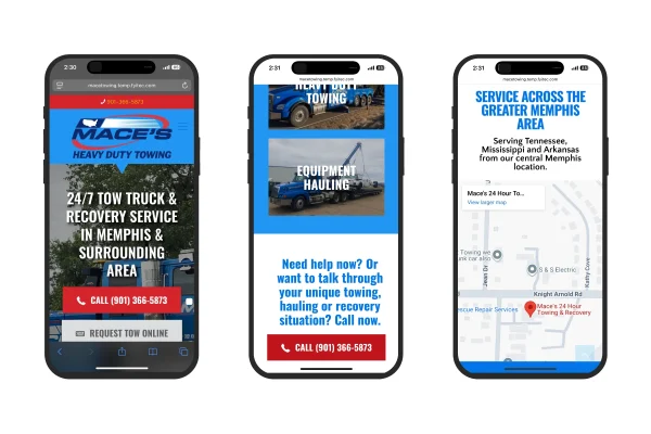 Knowing Mace's most critical audiences are not sitting at a desk, the website is optimized for mobile devices throughout with clickable call-to-action buttons for immediate dialing for Mace's help.
